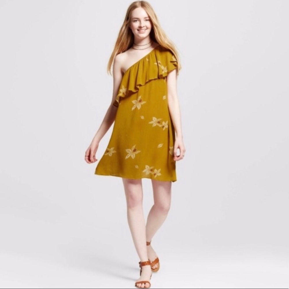 3 for $20 MOSSIMO One Shoulder Dress Ruffle Floral Sundress Rayon Mustard Yellow